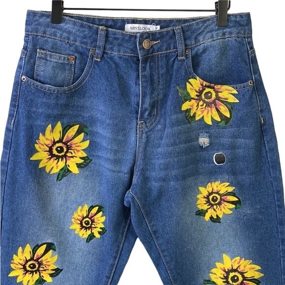 MISSLOOK  Sunflower Painted Distressed Jeans High Rise Straight Leg W31 x L30 - Picture 2 of 14